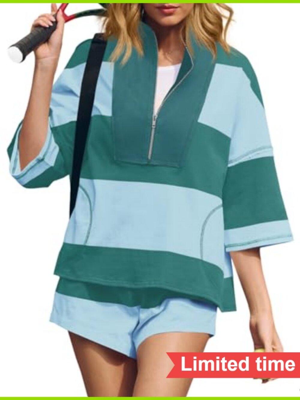 Women's 2 Piece Athletic Set - Striped Zip Up Sweatshirt & High Waist Shorts,